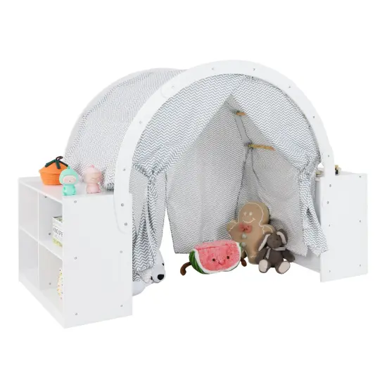 Wooden Kids Play Tent with Curtain Shades and 8 Cubbies-White {4}