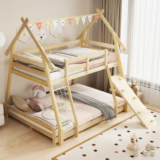 Twin Over Queen Bunk Bed Wooden Kids Bed with Climbing Nets and Ramp-Natural {2}