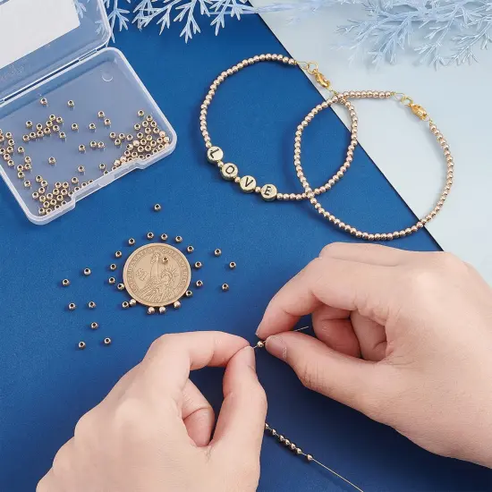 3mm 14K Gold Spacer Beads, 300pcs Mini Smooth Round Beads Seamless Ball Beads Small Brass Loose Beads Metal Beads for Summer Hawaii Layered Necklace Bracelet Jewelry Making {3}