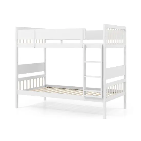 Wooden Twin Over Twin Convertible Bunk Bed with Guardrails and Under-bed Storage White {1}