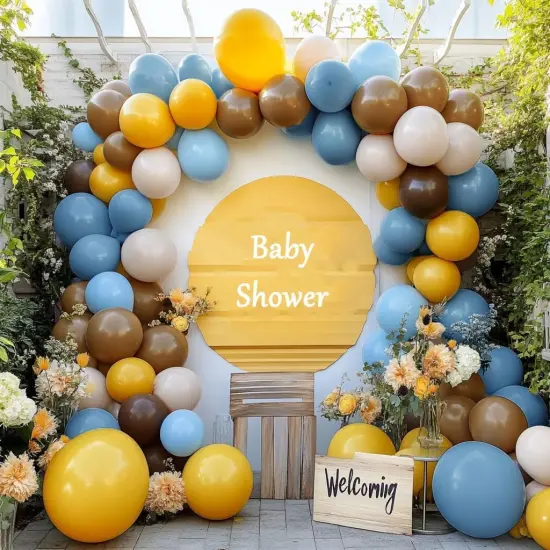Blue Yellow Balloon Arch - Double Stuffed Dusty Blue Brown Balloon Mustard Yellow Coffee Tan Cream Latex Balloons Garland Kit {1}