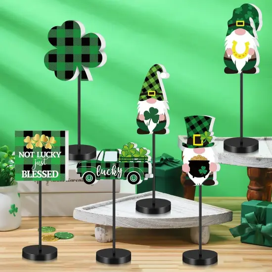 6 Pcs St Patrick's Day Table Decor Shamrock Wooden Table Signs Tall Standing Irish Gnome Truck Clover Block Set Lucky Table Centerpieces St Patrick's Day Sign for Tabletop Photo Prop {3}