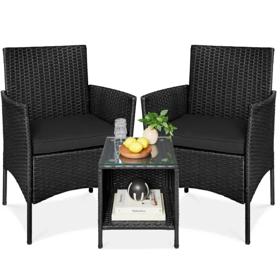 Best Choice Products 3-Piece Outdoor Wicker Conversation Patio Bistro Set, w/ 2 Chairs, Table Black/Black {1}