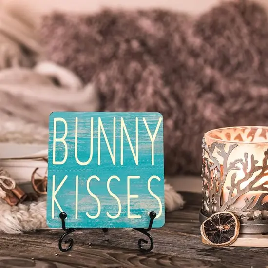 4" Easter Wooden Plaque With A Metal Support - Bunny Kisses - Wood Sign Decor For Spring Easter, Happy Easter Farmhouse, Gift For Kids & Adults, Rustic Tabletop Decorations - E02 {3}