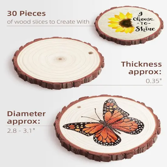 Unfinished Wood Slices with Hole, Natural Wood Circles Blank with Bark for DIY Crafts, Home Decor, Christmas Ornament (30Pcs, 2.4-2.8 Inch) {6}