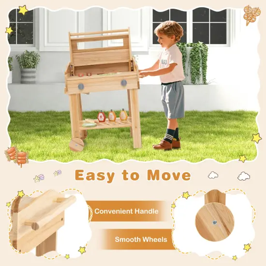 Kids Wooden Barbecue Grill Playset Pretend Kitchen with Food and Wheels-Natural {5}