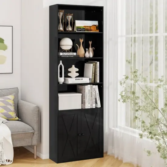 71 Inch Freestanding Bookshelf with 6 Shelves and 2-Door Cabinet Black {3}
