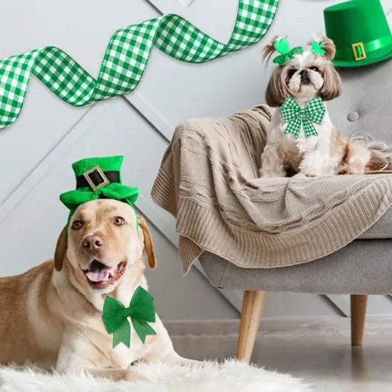 2 Rolls Buffalo Plaid Wired Edge Ribbons 2.5 Inch Wide St Patrick's Day Green Fabric Ribbons Irish Festival Burlap Ribbons for Gift Wrapping Wreath Party Decoration DIY Craft Supplies, 12 Yards {3}