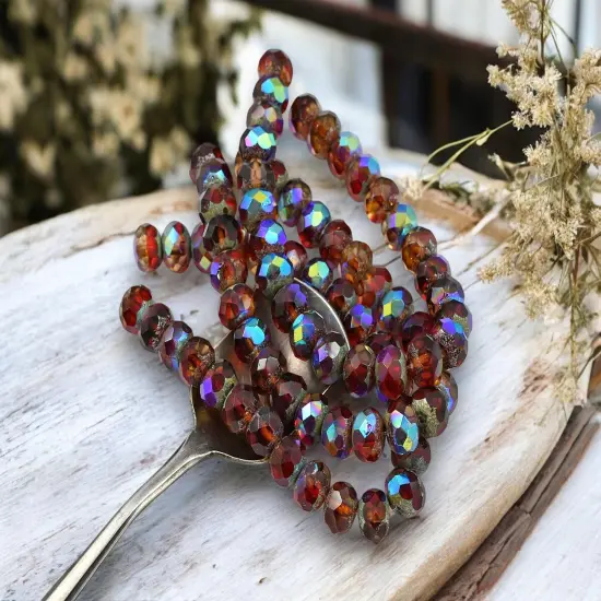 *25* 6x8mm Antique Silver Washed Ruby Sunset Fire Polished Rondelle Beads {4}