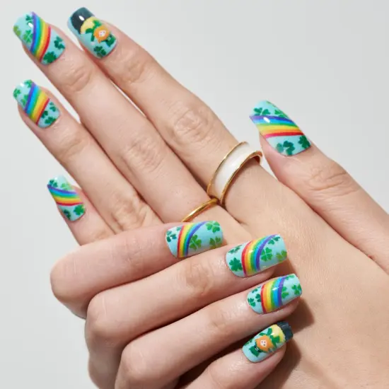 Green Press on Nail Medium Square, Fall Lucky Clover Fake Nail Short with Four Leaf Design for St.Patrick Day, Glitter Gloss Gel Glue on Nail Kit, Rainbow Acrylic Stick on False Nail {3}