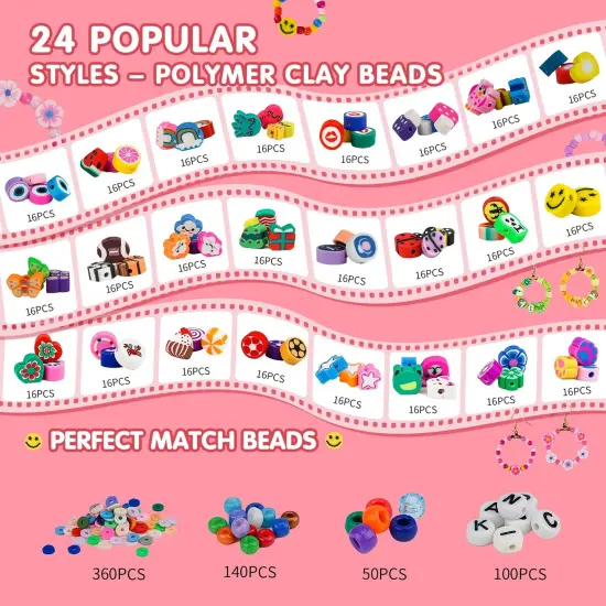 1000PCS Polymer Clay Beads Bracelet Making kit, 24 Style Cute Fun Fruit Flower Rainbow Butterfly Animal Heart Star Beads Charms for Jewelry Necklace Making Gift for Girls Kids {5}
