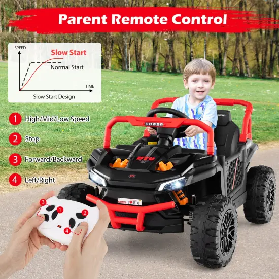 Red 12V Ride-On Truck Off-Road UTV for Kids with Parental Remote & LED Lights Black {3}