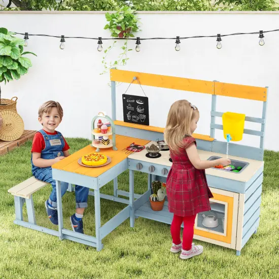 Natural Fir Wood Play Kitchen with Kids Picnic Table and Built-in Bench for Outdoor Fun {2}