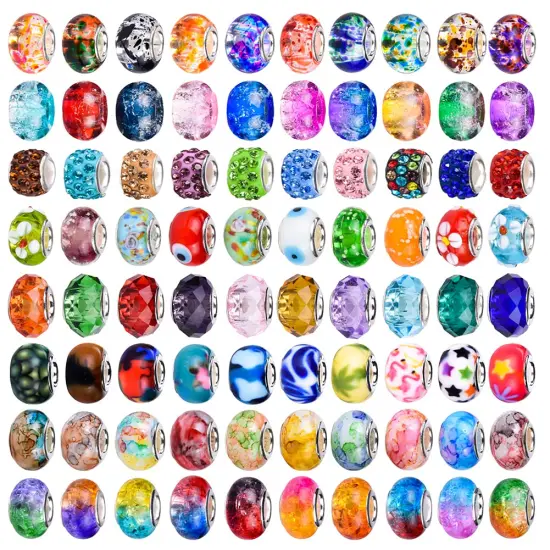 120 Pieces Assorted European Craft Beads Large Hole Lampwork Spacer Beads Colorful European Beads for DIY Necklace Bracelet Jewelry Making (Out Flower) {1}