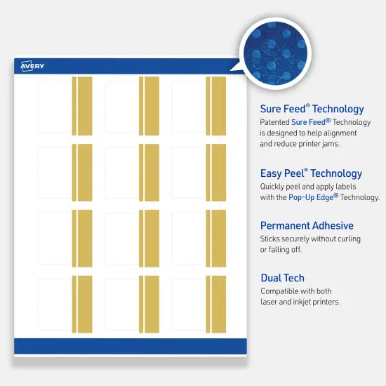 Avery Printable Square Labels, Gold Double-Dipped Edge, 2" x 2", Matte White Square Labels, Permanent, Laser/Inkjet, 120ct, Great for Product Labels {3}