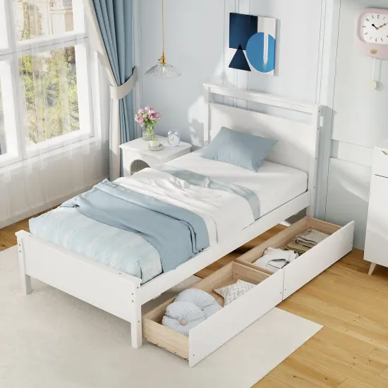 Wooden Twin Bed Frame with Storage Drawers Chic Headboard and Footboard White {3}