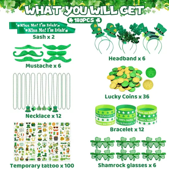 180Pcs St. Patrick's Day Accessories Party Favor Set, Tattoo Stickers, Necklaces, Bracelets, Shamrock Glasses, Headbands, Mustaches, Coins and Kiss Me I'm Irish Sash for Irish Party Supplies {2}