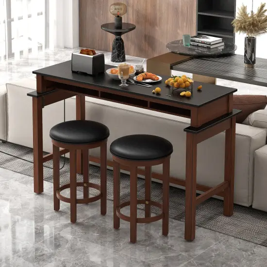 3-Piece Home Bar Set with 2 Upholstered Bar Stools Outlets and USB Ports Black {3}