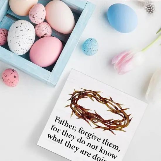 Christian Easter Decor Rustic Religious Wooden Sign Farmhouse Easter Desk Decorations Home Living Room Shelf Decor 5 x 5 Inches {2}