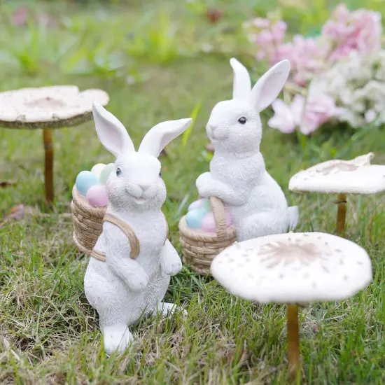 Easter-Basket Bunny-Decor-Figurines Home-Decorations - 2PC Easter Decorations Table Ornaments Resin Spring Bunny Carry Egg Basket Tabletop Decorations for Home Farmhouse 5.25H inch Newman House Studio {5}