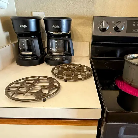 Set of 2 Cast Iron Trivets – Stars & Circles/Squares, Bronze, 8" MCM Style {5}