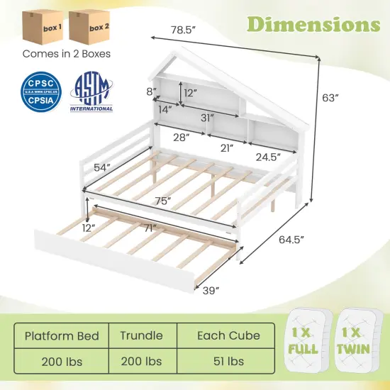 House-Shaped Full Size Daybed with Twin Size Trundle-White {4}