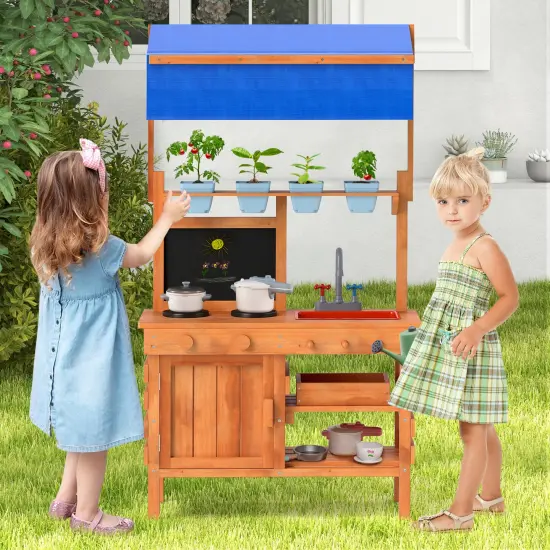 Natural Wood Pretend Play Kitchen with Height-Adjustable Canopy for Kids {2}