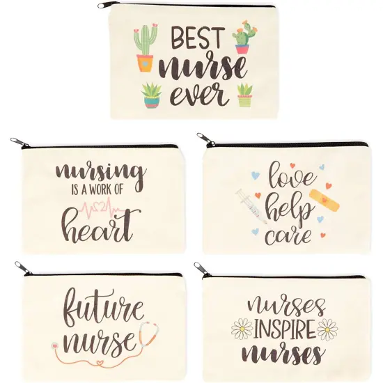 5-Pack Canvas Makeup Bags for Nurse Appreciation Gifts, Cosmetic Pouches (9" x 6") White {1}