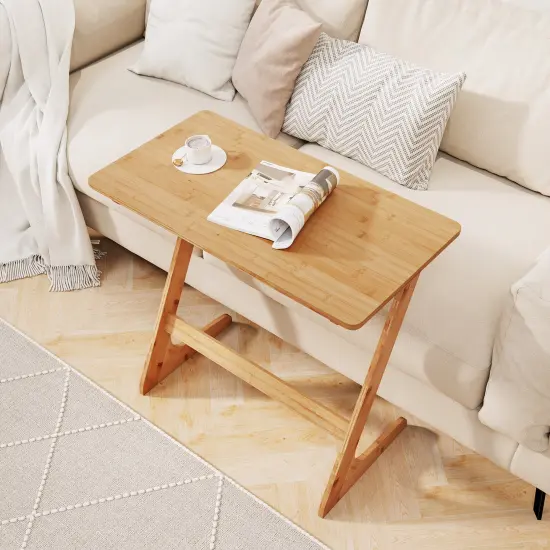 Wicker Z-Shaped Spacious Sofa Side Table with Space-Saving Tabletop Natural {3}