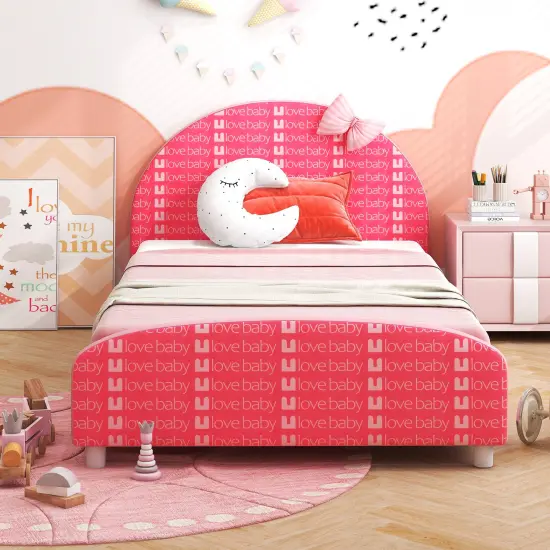 Wood Upholstered Kids Twin Bed Platform with Slat Support Pink {3}