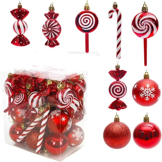36 Pcs Red and White Christmas Ornaments, Shatterproof Plastic Red Christmas Ornaments for Tree - Candy Cane Christmas Decorations Candies Christmas Ball Ornaments for Xmas Tree Party Decoration {5}