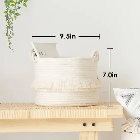 Small Woven Storage Baskets Cotton Rope Decorative Hamper for Diaper, Blankets, Magazine and Keys, Cute Tassel Nursery Decor - Home Storage Container &ndash; 9.5'' x 7'' Off-white {2}