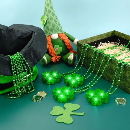 4Pcs Light up Shamrocks Beads Necklaces, St Patrick's Day Necklace Accessories Led Shamrocks Necklaces Metallic Green Bead Clovers Necklaces for Irish St. Patricks Day Party Favor Supplies {4}