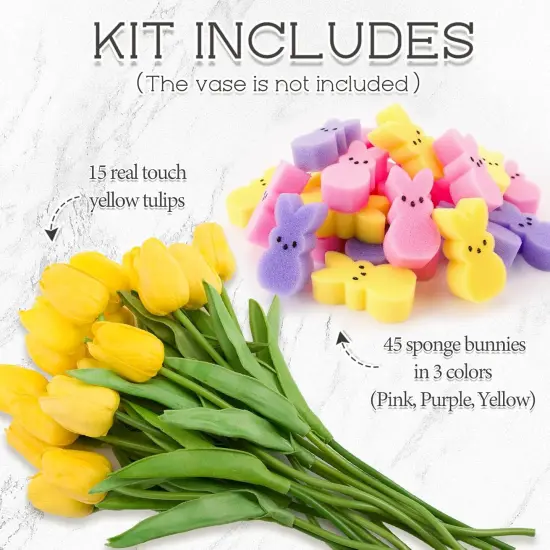 Easter Decorations - Easter Peeps Decor - 15 Artificial Tulips with 45 Bunnies Vase Filler Set {2}