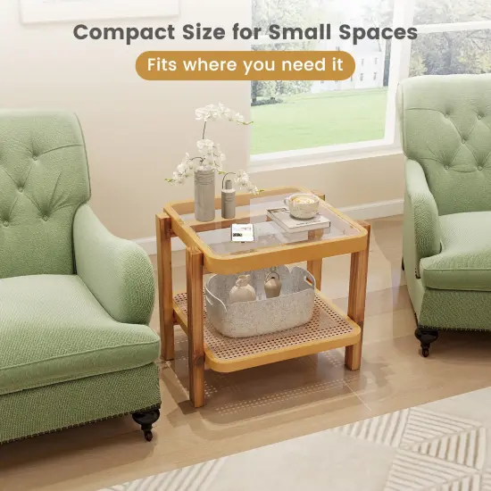 Rattan 2-Tier End Side Table with Tempered Glass Top Acacia Wood Legs-Natural {6}