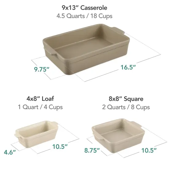 Best Choice Products Ceramic Bakeware Set of 3 Casserole, Loaf, and Square Dishes w/ Handles Mushroom Beige {2}