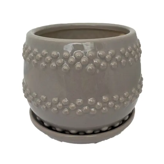 Seneca Ceramic Pot with Attached Saucer - 5" x 4.25" - Light Grey {1}