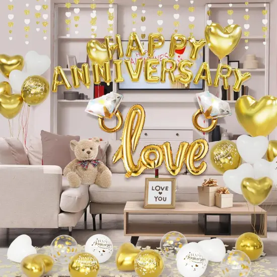 White and Gold Anniversary Decorations - Balloons, Banner, Rose Petals {3}