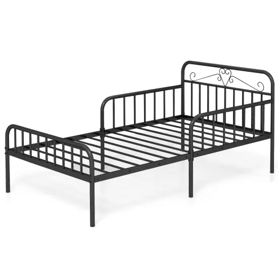 Twin Size Metal Bed Frame with Headboard Included Safety Side Guardrails Black {4}