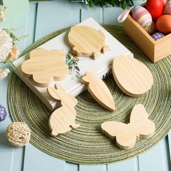12 Pcs Easter Wooden Cutouts Unfinished Easter Shaped Table Sign Easter Standing Wooden Centerpieces Unpainted Easter Wood Blocks for DIY Crafts School Art Projects Easter Spring Decor,6 Style {2}