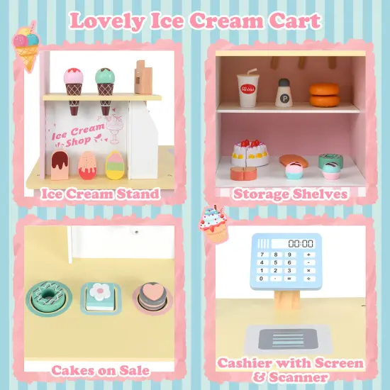 Colorful Wooden Ice Cream Truck Pretend Play Set for Toddlers with Vending Machine, Interactive Role-Playing Toy Pink {6}