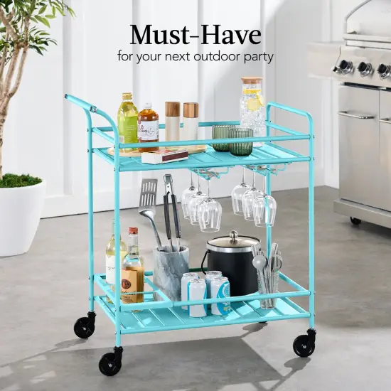 Best Choice Products 2-Tier Rolling Bar Cart Indoor/Outdoor w/ Storage Shelves, Wine Rack, Lockable Wheels Teal {3}