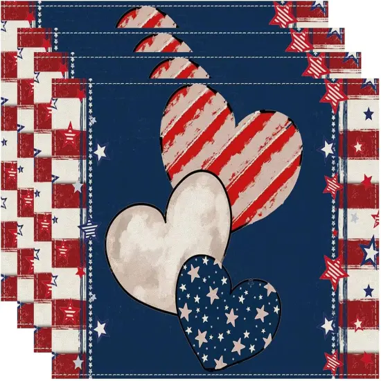 Heart Stripe Stars 4th of July Placemats Set of 4 12x18 Inch Patriotic America Memorial Day {1}
