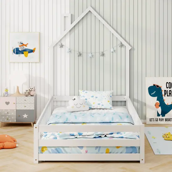 Wooden Twin Size Montessori Floor Bed with Lockable Door Guardrails and House Shape Design White {3}