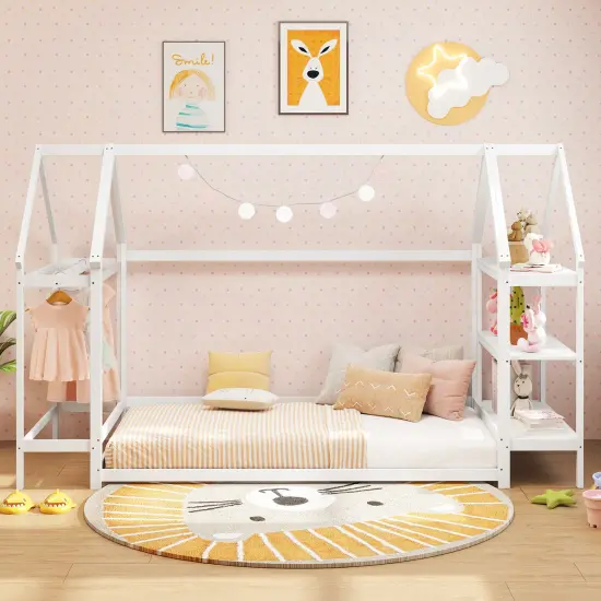 Twin Size Montessori Floor House Bed with Detachable Storage Shelves White {3}