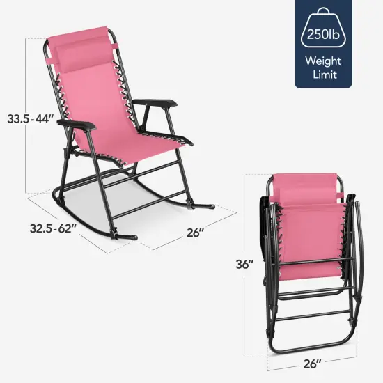 Best Choice Products Folding Outdoor Zero Gravity Rocking Lounge Chair w/ Headrest Pillow Pink {2}