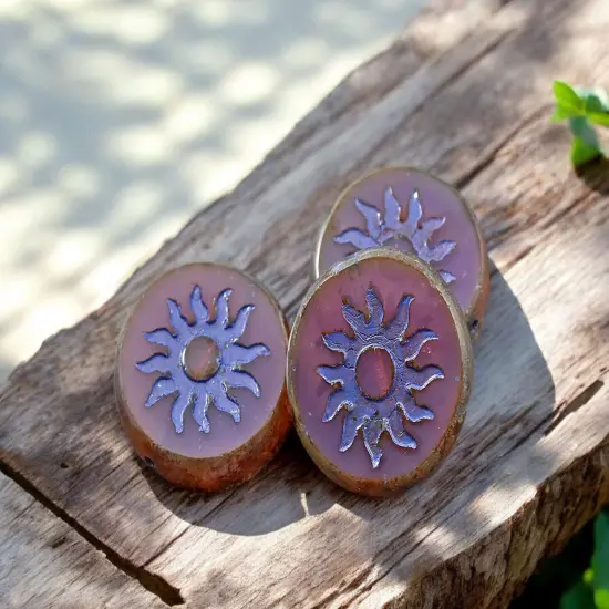*2* 21mm Purple Washed Pink Opal Picasso Table Cut Sun Design Coin Beads {3}