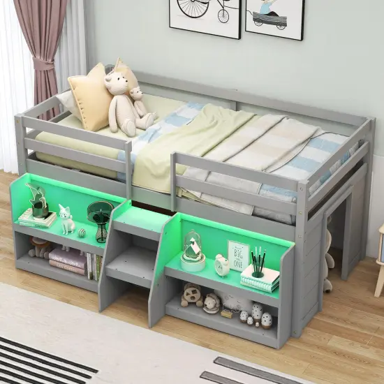 Twin Size LED Lighted Loft Bed with Staircase and Safety Guardrail Perfect for Kids Grey {5}