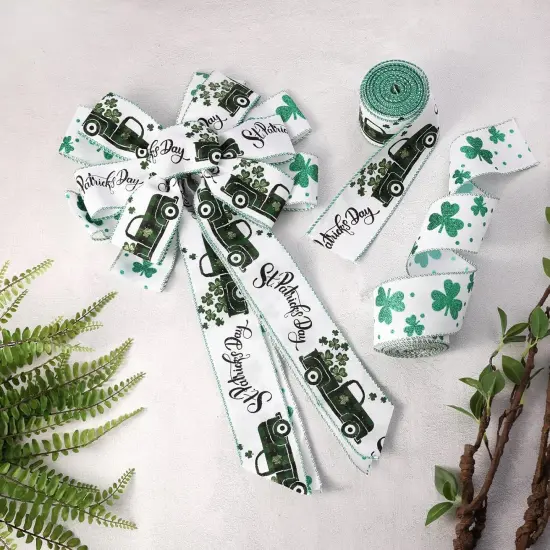 St. Patricks Day Ribbon Wired, Glitter Shamrock Green Truck Fabric Ribbons Gift Wrapping DIY Craft Wreath {2}