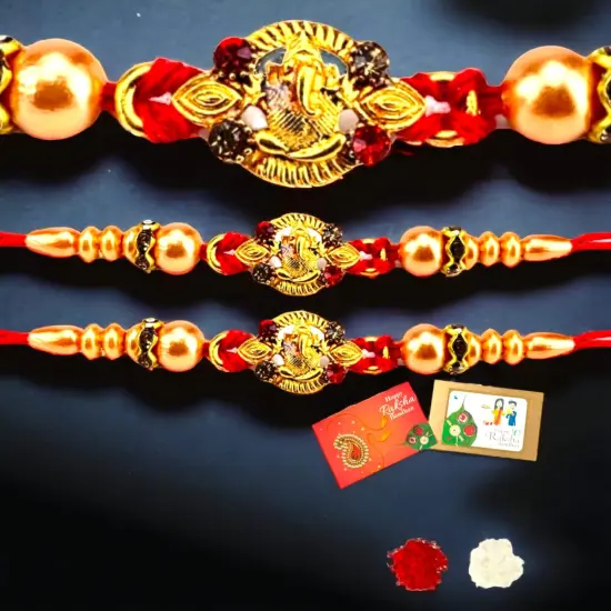 2CT Ganesha Rakhi for Brother Bhaiya Bhabhi Traditional Handmade Designer Rakhi Set Roli Chawal, Greeting Card Rakshabandhan Rakhi Bracelet Hemper Gift Thread Bracelet {3}